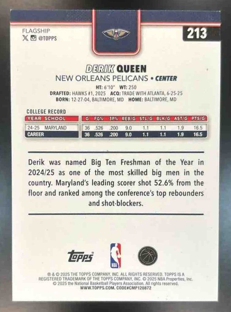 2025-26 Topps Derik Queen Green Holo Foil /99 #213 RC New Orleans Pelicans - Sports Cards