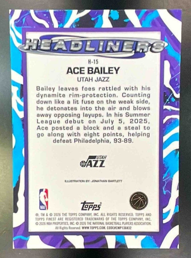 2025-26 Topps Finest Ace Bailey #H-15 Headliners SSP Rookie Utah Jazz Case Hit! - Sports Cards