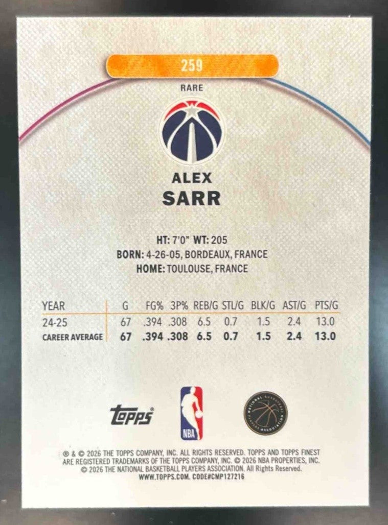 2025-26 Topps Finest Alex Sarr Rare Purple X-Fractor /75 #259 Washington Wizards - Sports Cards