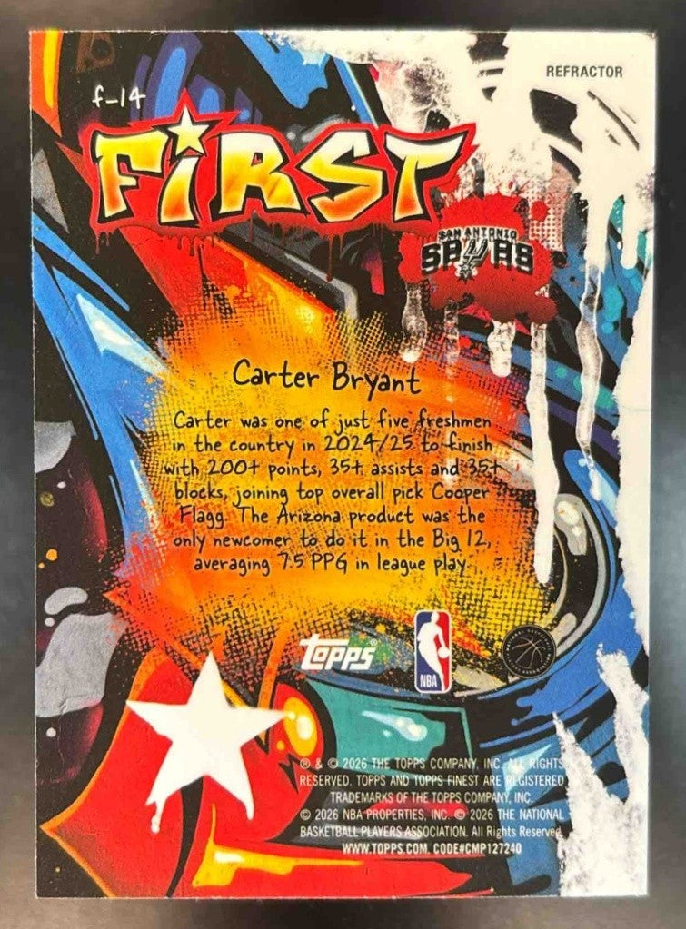 2025-26 Topps Finest Carter Bryant First Refractor #F-14 RC San Antonio Spurs - Sports Cards