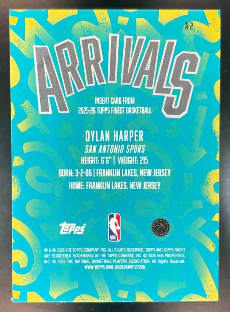 2025-26 Topps Finest Dylan Harper Arrivals #A-2 RC San Antonio Spurs - Sports Cards