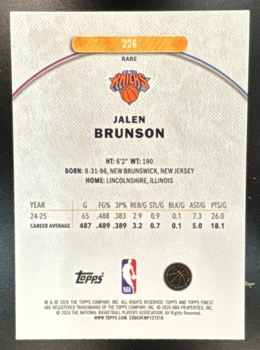 2025-26 Topps Finest Jalen Brunson Sky Blue Refractor /150 #226 New York Knicks - Sports Cards