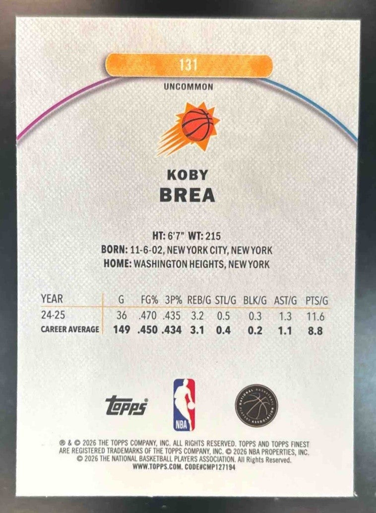 2025-26 Topps Finest Koby Brea Uncommon Sky Blue /250 #131 RC Phoenix Suns - Sports Cards