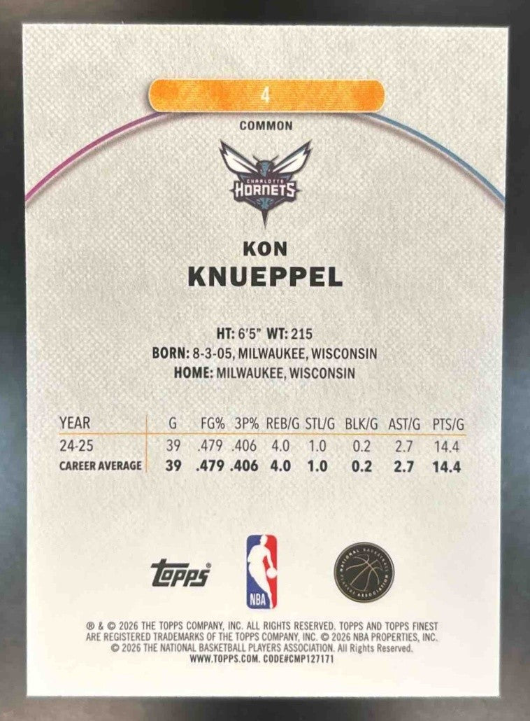 2025-26 Topps Finest Kon Knueppel Common #4 RC Charlotte Hornets - Sports Cards