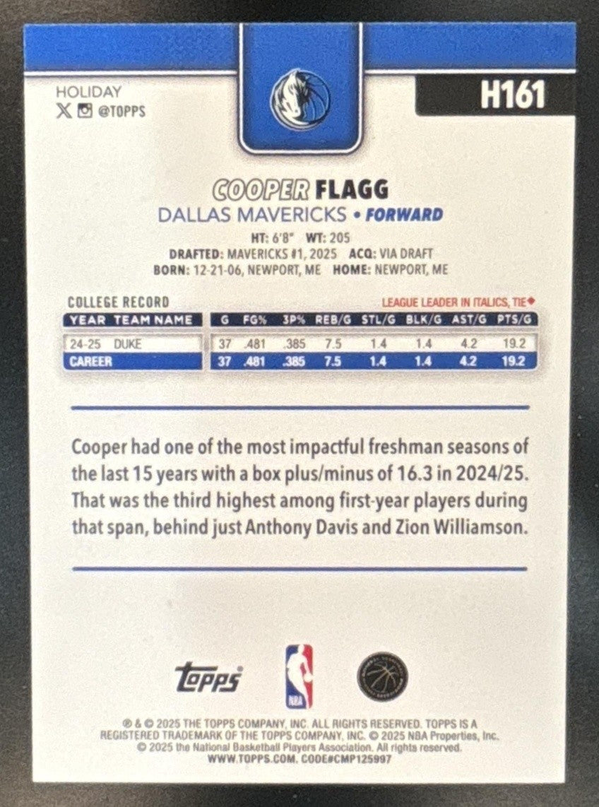 2025-26 Topps Holiday Cooper Flagg Blue Metallic Glitter #H161 RC Mavericks - Sports Cards