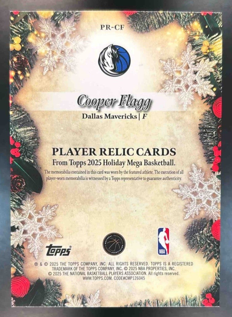 2025-26 Topps Holiday Cooper Flagg Relics Blue Metallic /299 MEM RC Mavericks - Sports Cards