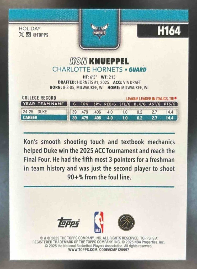 2025-26 Topps Holiday Kon Knueppel #H164 RC Charlotte Hornets - Sports Cards