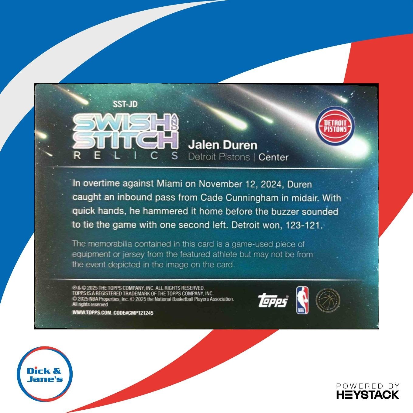 2025-26 Topps Jalen Duren Swish and Stitch Relic Green Holo /99 MEM Pistons - Sports Cards
