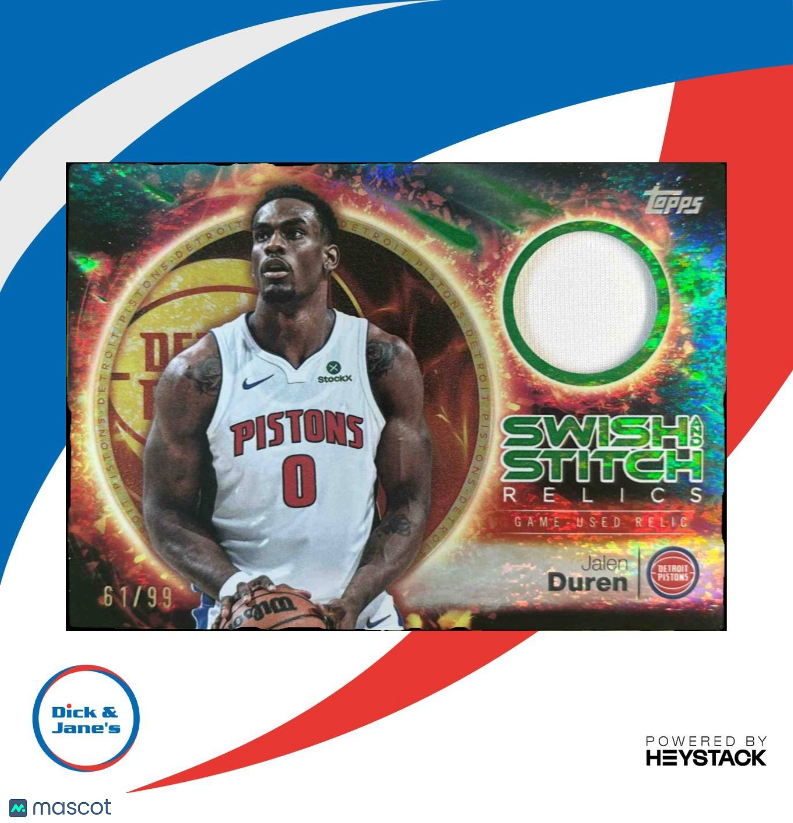 2025-26 Topps Jalen Duren Swish and Stitch Relic Green Holo /99 MEM Pistons - Sports Cards