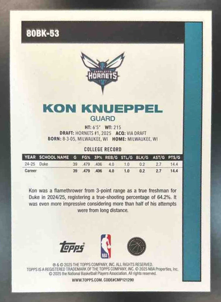 2025-26 Topps Kon Knueppel 1980-81 #80BK-53 RC Charlotte Hornets - Sports Cards
