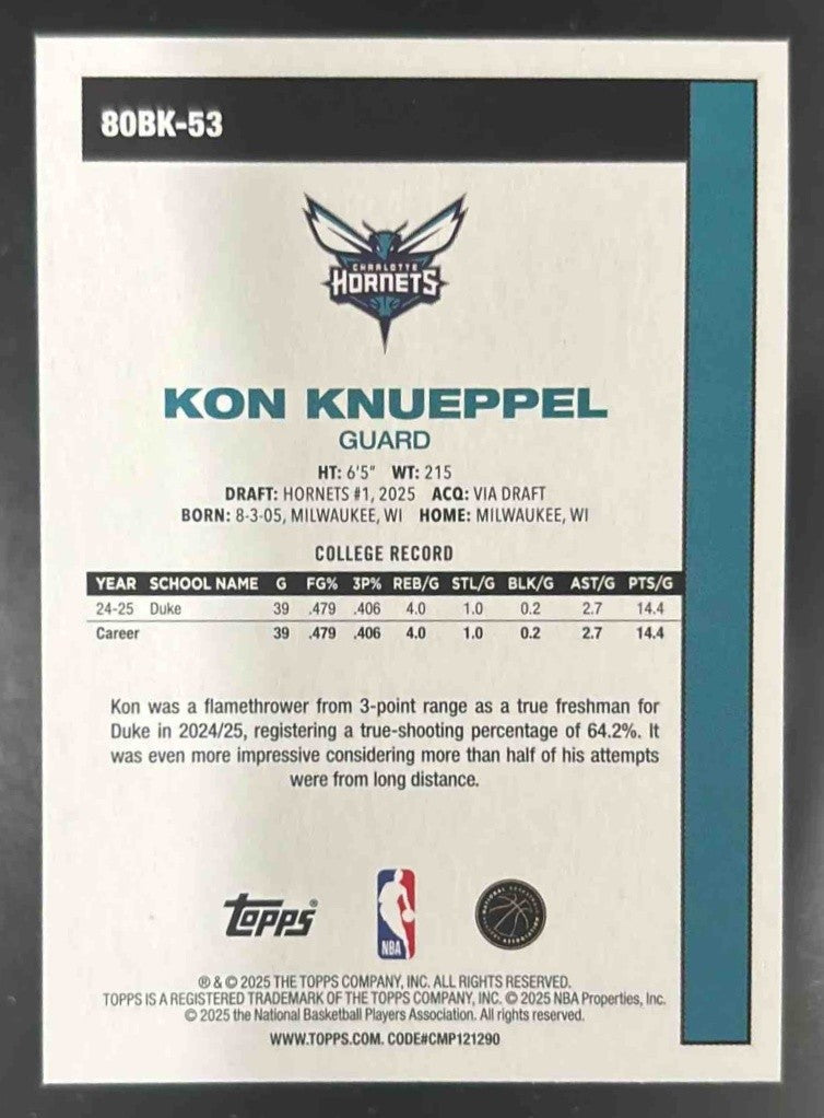 2025-26 Topps Kon Knueppel 1980-81 RC Charlotte Hornets - Sports Cards