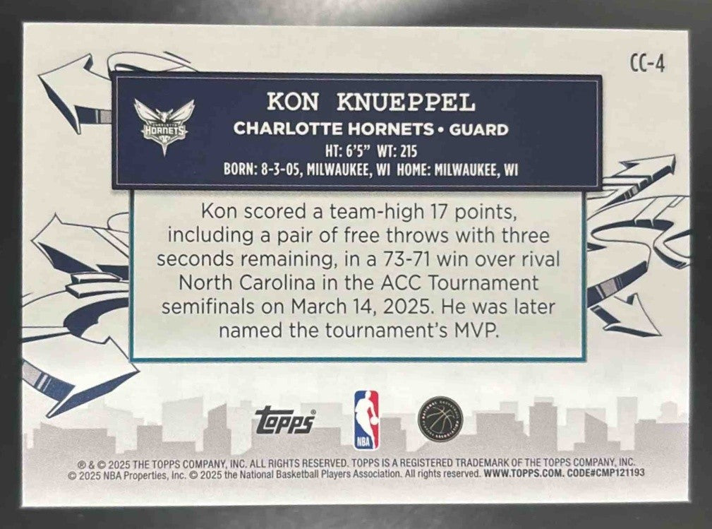 2025-26 Topps Kon Knueppel Clutch City Prospects CC-4 RC Charlotte Hornets - Sports Cards