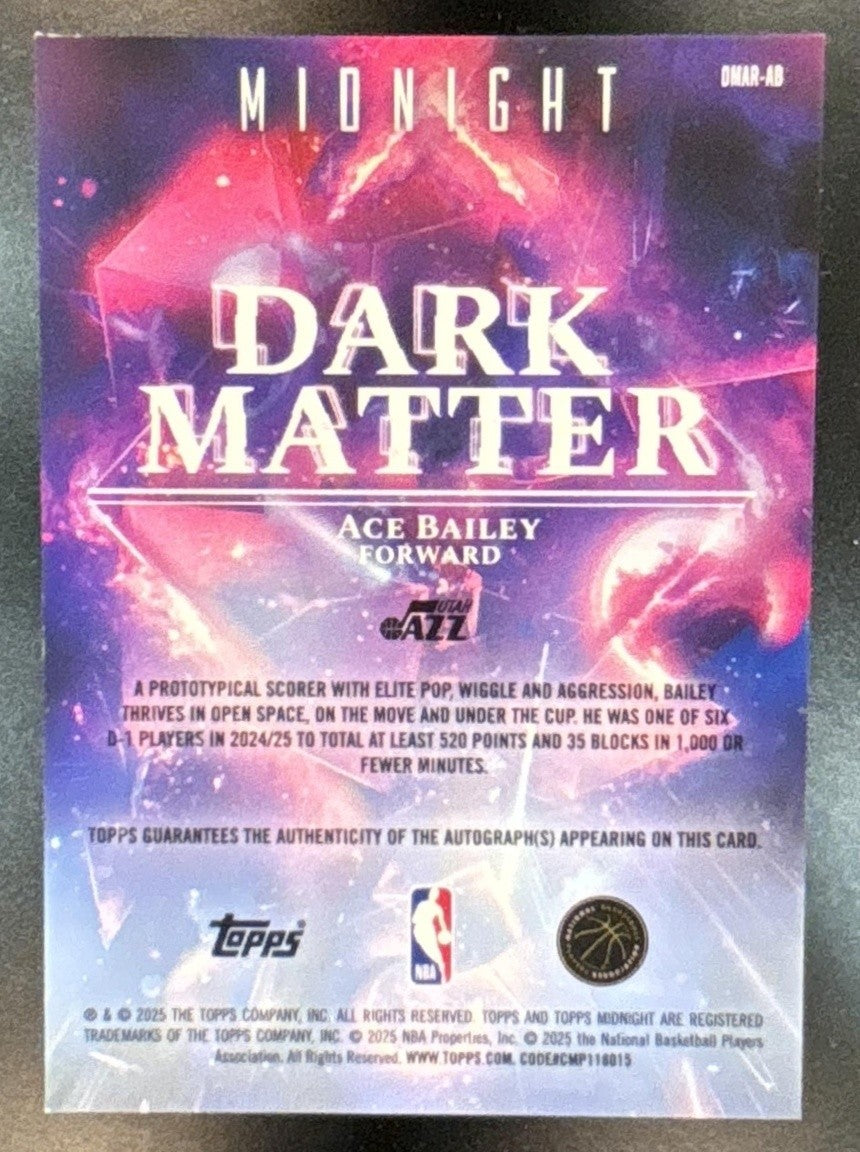2025-26 Topps Midnight Ace Bailey Dark Matter Rookie Auto Moon Beam RC Utah Jazz - Sports Cards