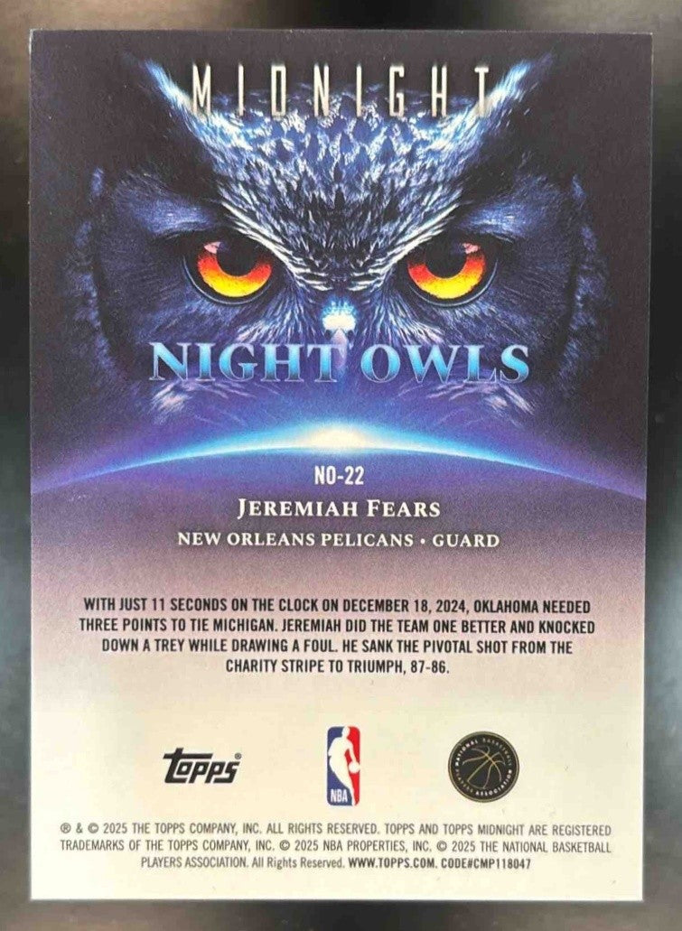 2025-26 Topps Midnight Jeremiah Fears Night Owls #NO-22 New Orleans Pelicans - Sports Cards