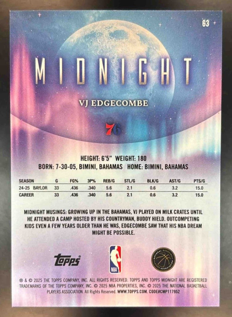 2025-26 Topps Midnight VJ Edgecombe #63 RC Philadelphia 76ers - Sports Cards
