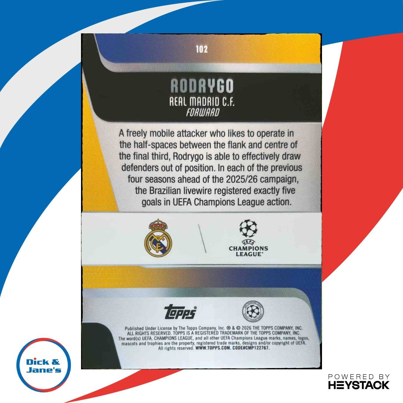 2025-26 Topps UEFA Club Competitions Rodrygo Black /10 #102 Real Madrid C.F. - Sports Cards