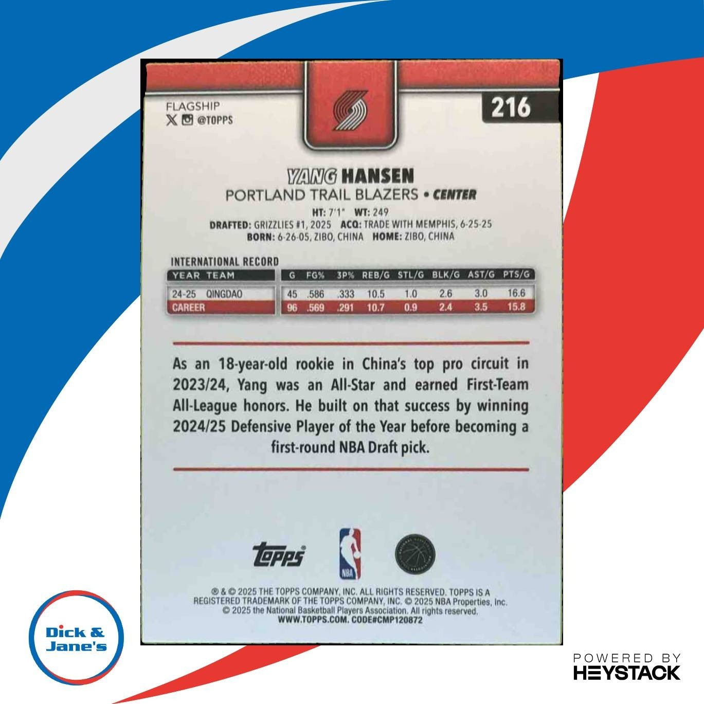 2025-26 Topps Yang Hansen Purple Rainbow 219/250 #216 RC Portland Trail Blazers - Sports Cards