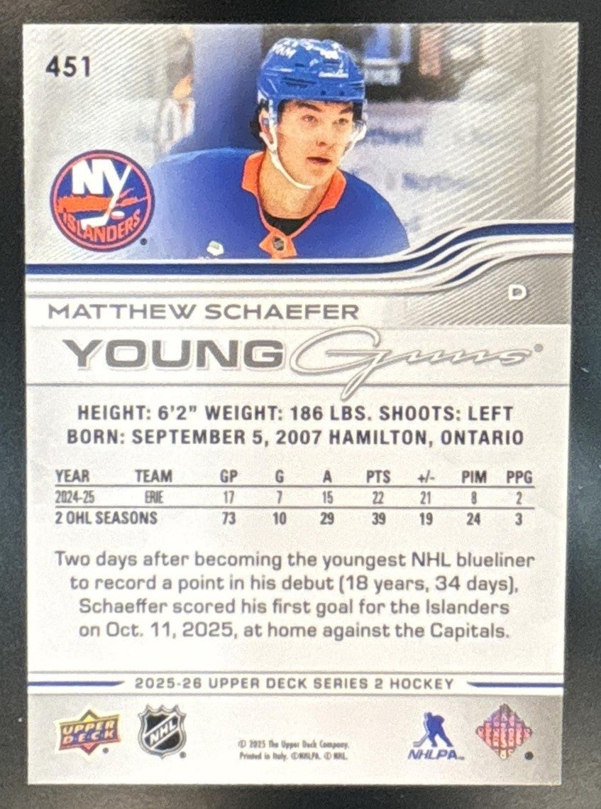2025-26 Upper Deck Series 2 Matthew Schaefer Young Guns #451 RC Islanders - Sports Cards