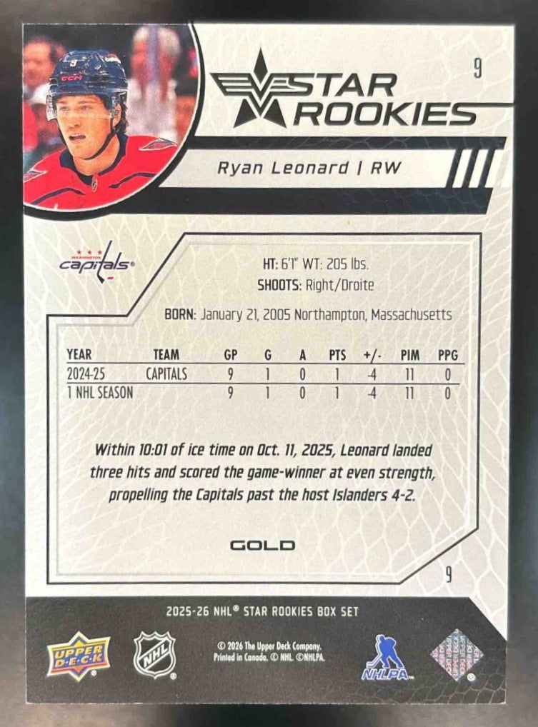 2025-26 Upper Deck Star Rookies Ryan Leonard Gold /249 #9 Washington Capitals - Sports Cards