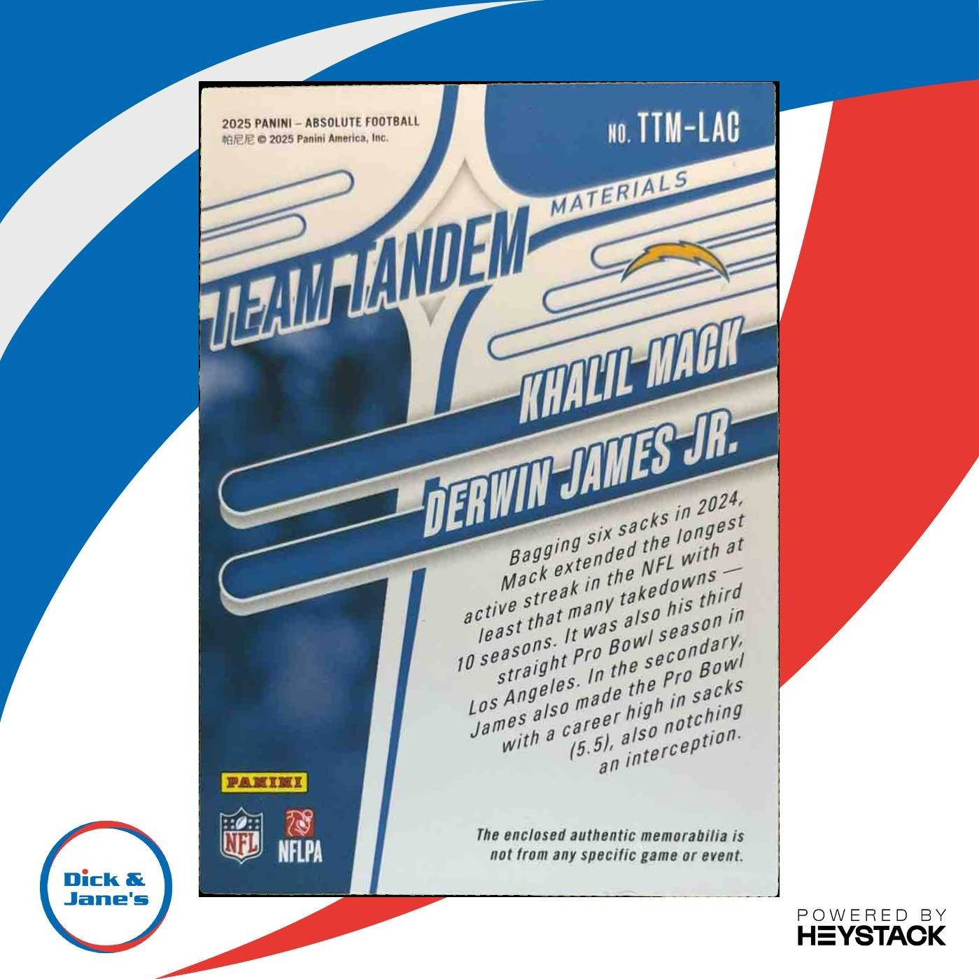 2025 Absolute Khalil Mack Derwin James Jr. Team Tandem Patch Gold /99 Chargers - Sports Cards