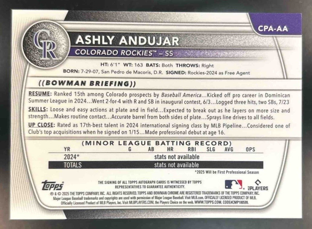 2025 Bowman Ashly Andujar Chrome Auto 1st Prospect Colorado Rockies - Sports Cards