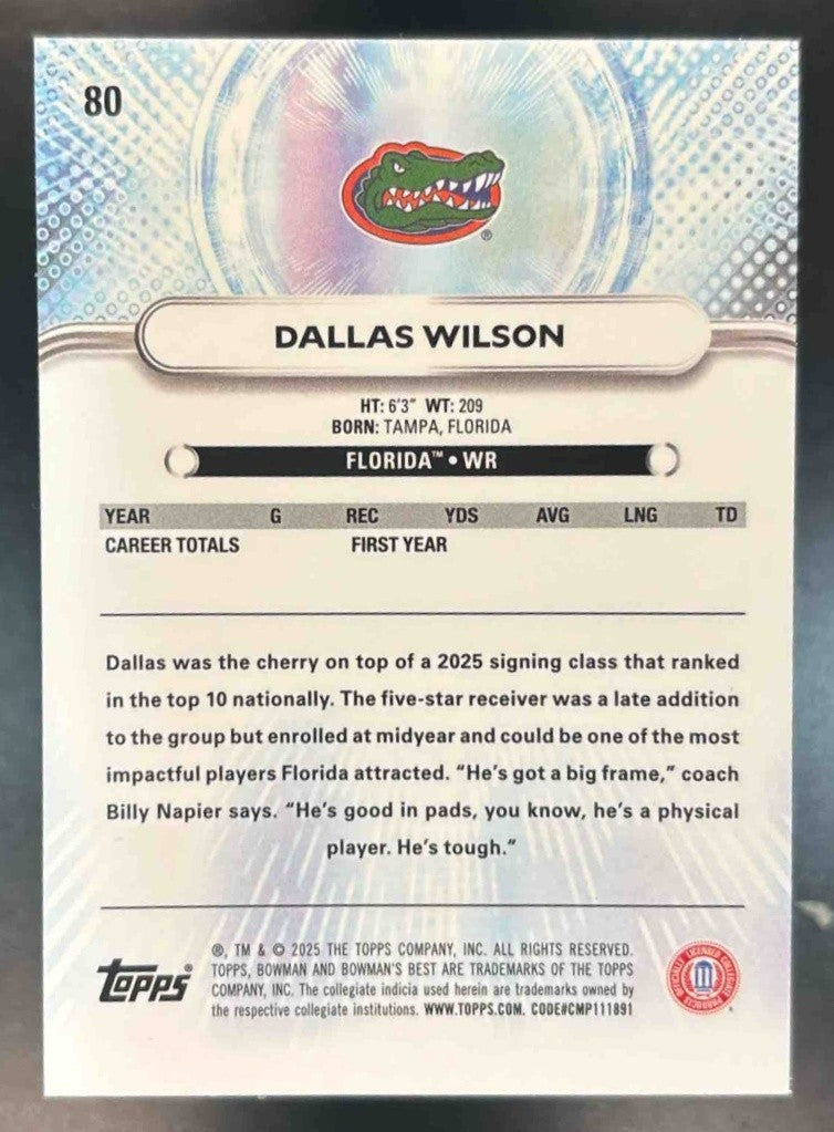 2025 Bowman Best University Dallas Wilson #80 Florida Gators - Sports Cards