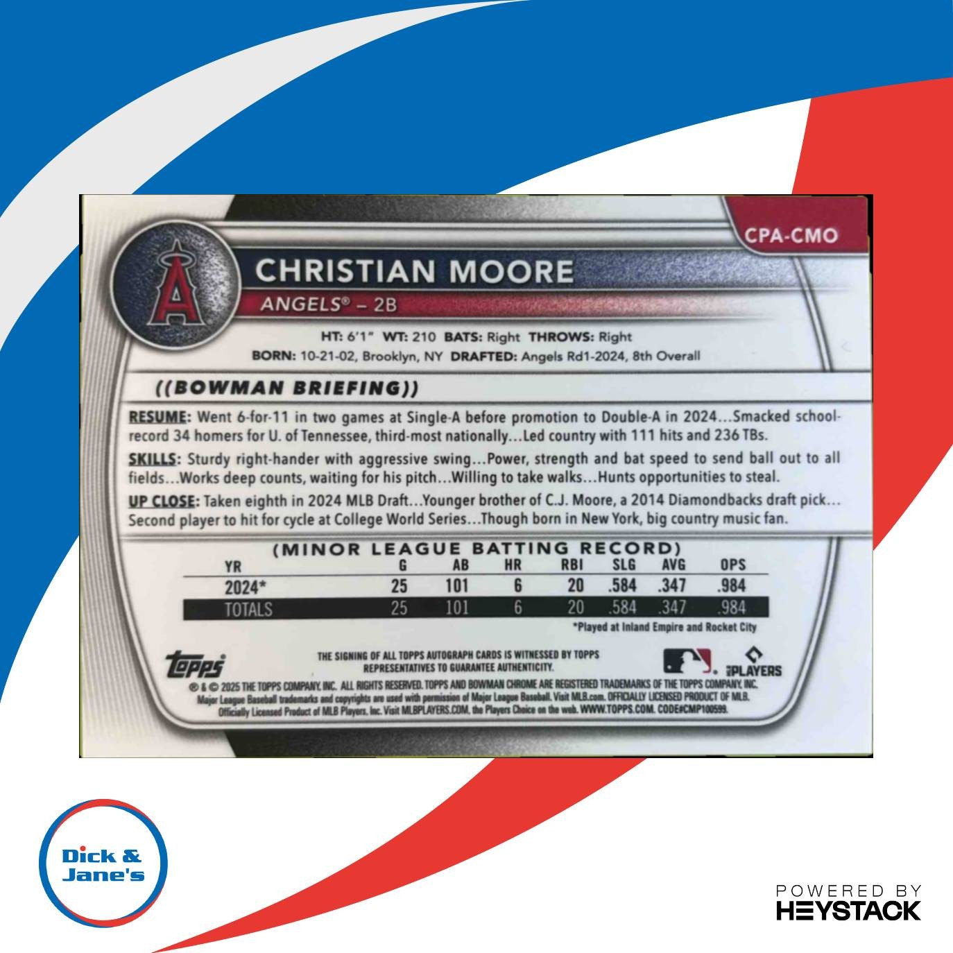 2025 Bowman Christian Moore Chrome Prospect Auto True Blue Refractor 25/150 Sports Cards