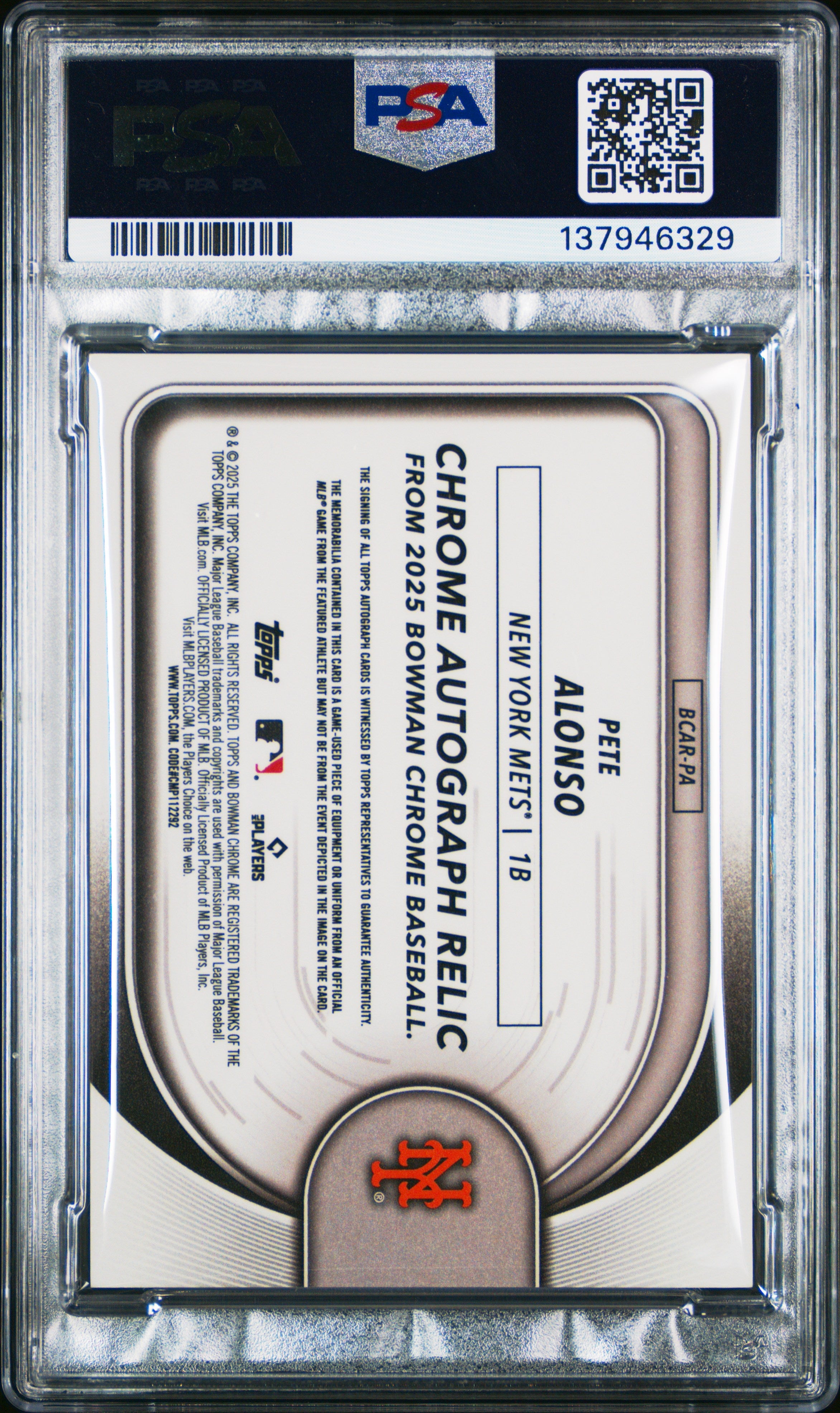 2025 Bowman Chrome Chrome Autograph Relics Pete Alonso BLK Ref 05/10 PSA 9 NMINT - Graded Sports Cards