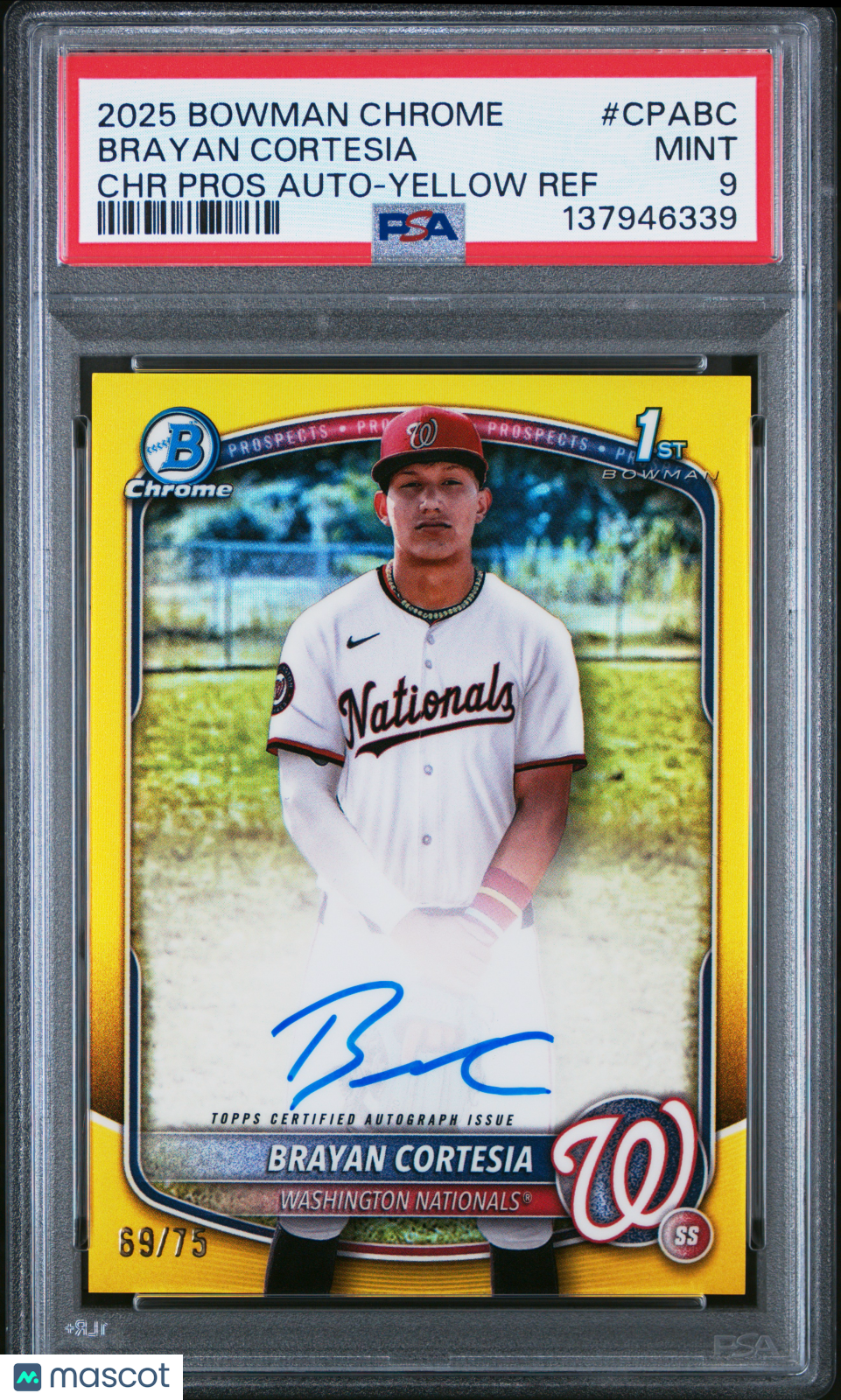 2025 Bowman Chrome Autographs Brayan Cortesia Yellow Ref Rookie /75 PSA 9 MINT - Graded Sports Cards
