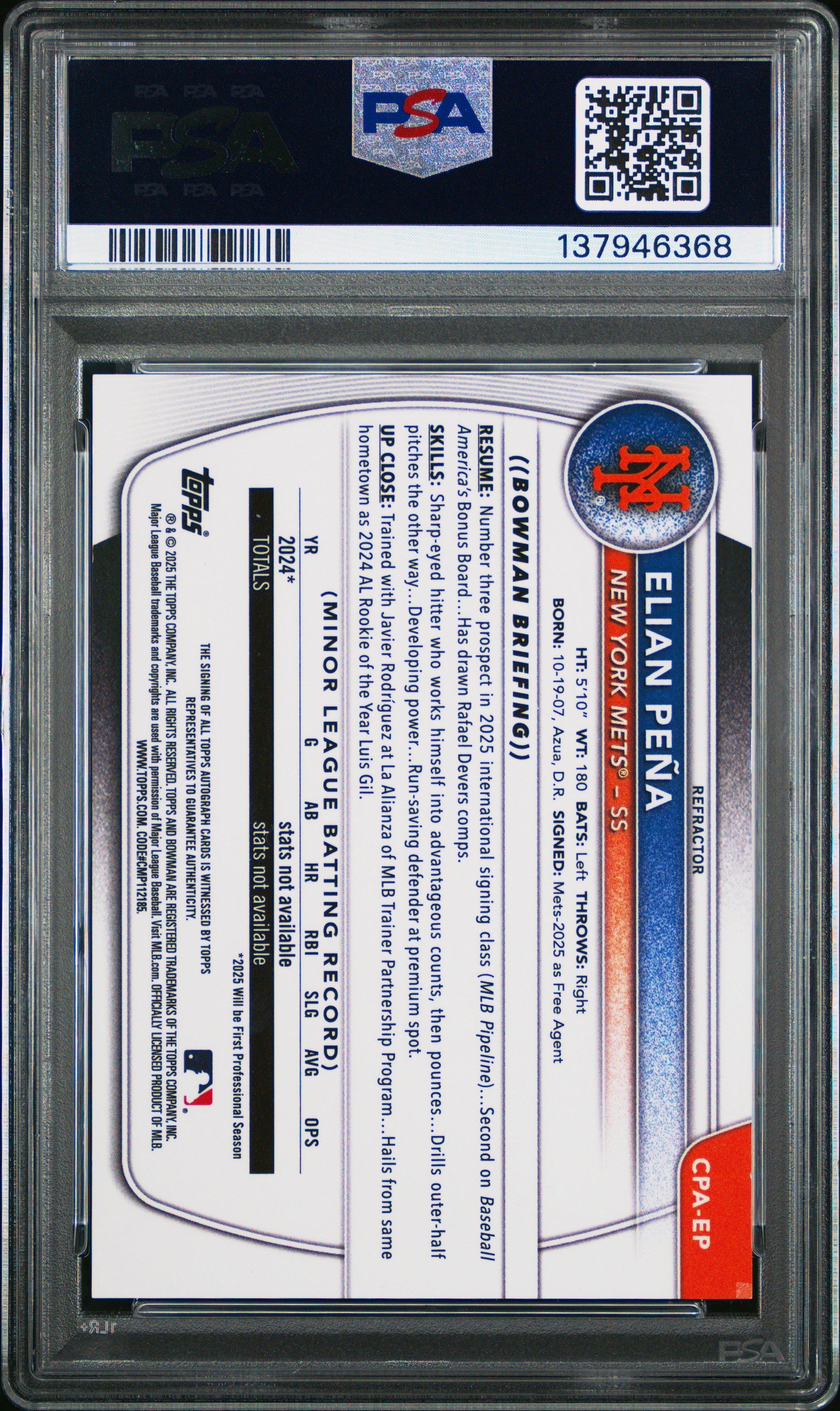 2025 Bowman Chrome Autographs Elian Pena Refractor Rookie /499 PSA 9 MINT - Graded Sports Cards