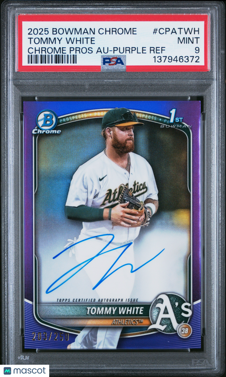 2025 Bowman Chrome Autographs Tommy White Purple Ref Rookie /250 PSA 9 Athletics - Graded Sports Cards
