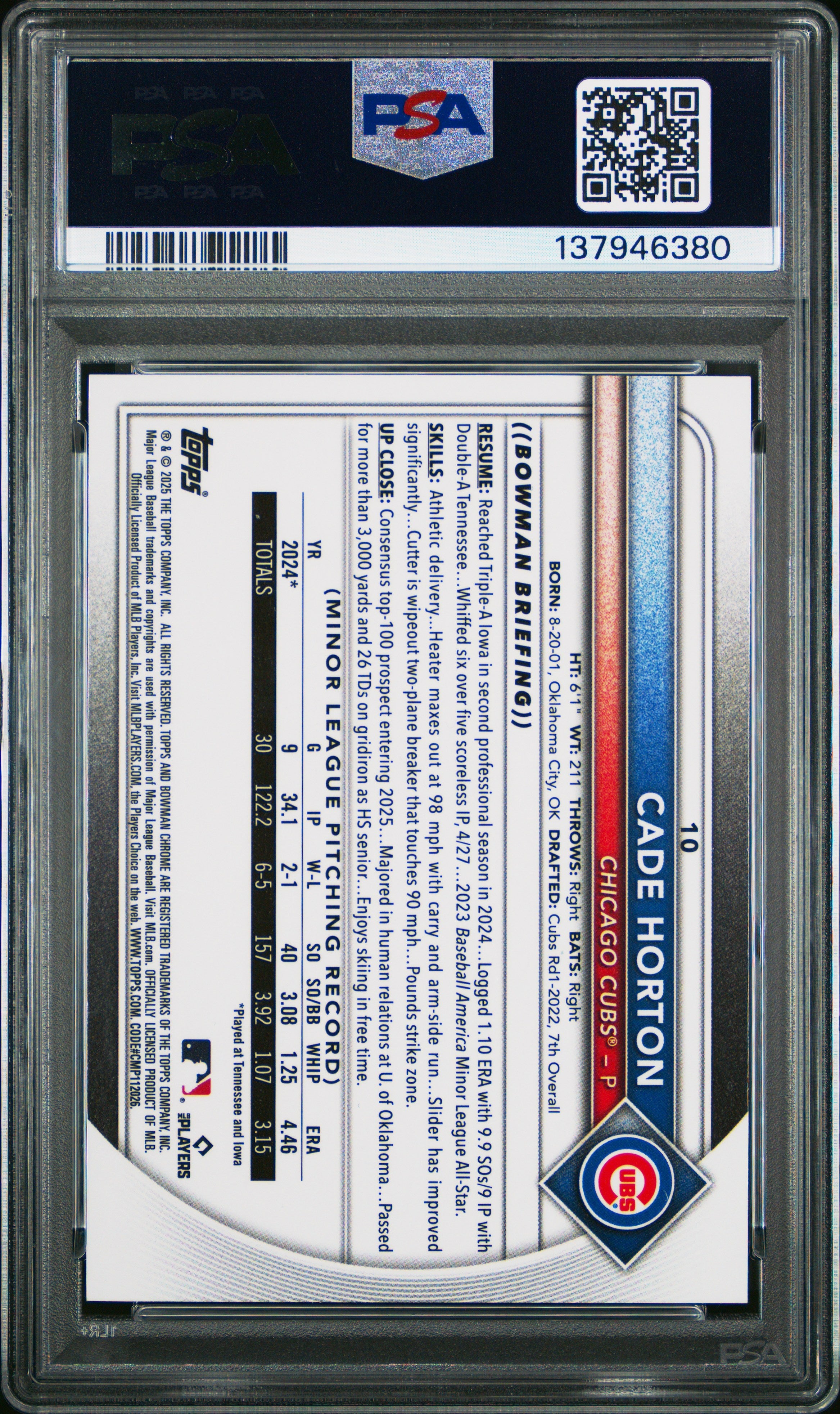 2025 Bowman Chrome Cade Horton Yellow Refractor Rookie 59/75 PSA 10 GEM MINT - Graded Sports Cards