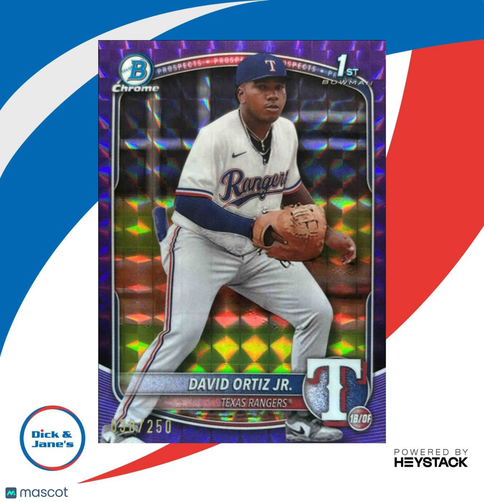 2025 Bowman Chrome David Prospect Ortiz Jr. Purple Geometric /250 BCP-29 Rangers - Sports Cards