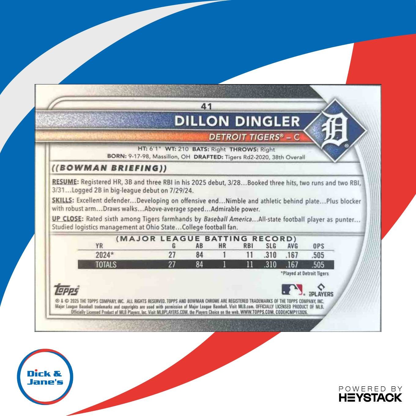 2025 Bowman Chrome Dillon Dingler Gold Geometric Refractor 32/50 #41 RC Tigers - Sports Cards