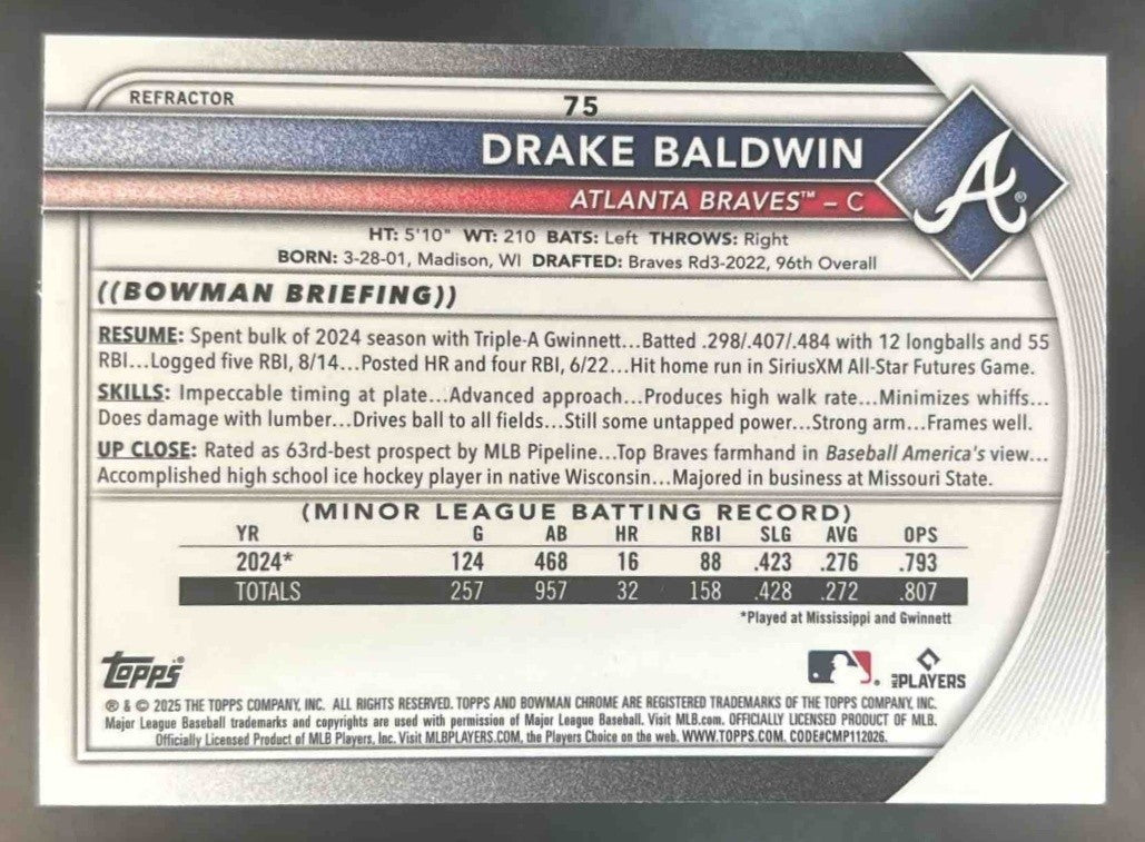 2025 Bowman Chrome Drake Baldwin (refractor) /499 #75 RC Atlanta Braves - Sports Cards