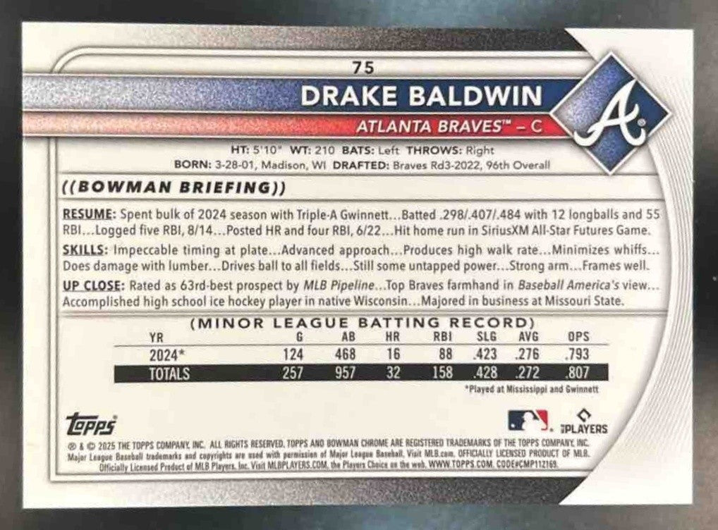 2025 Bowman Chrome Drake Baldwin Short Print Image Variation #75 RC Braves - Sports Cards