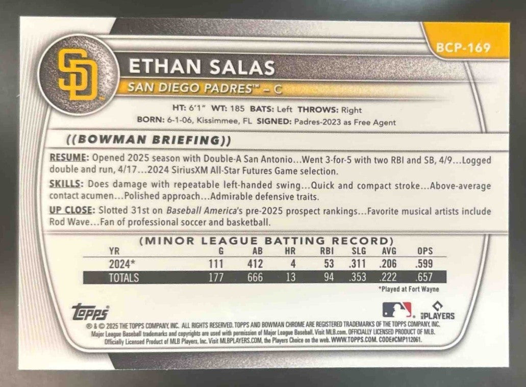 2025 Bowman Chrome Ethan Salas Prospect Blue Wave /150 #BCP-169 San Diego Padres - Sports Cards