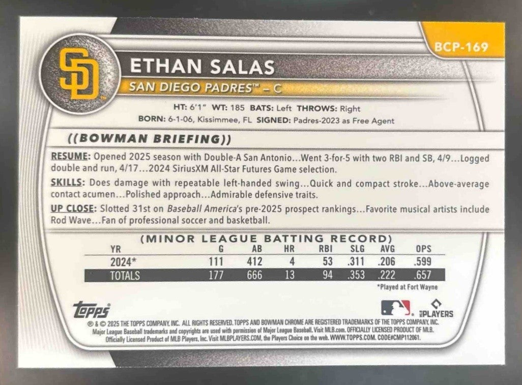 2025 Bowman Chrome Ethan Salas Prospects Fuchsia Geometric /299 #BCP-169 Padres - Sports Cards
