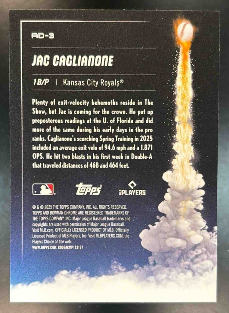 2025 Bowman Chrome Jac Caglianone ADIOS! #AD-3 Kansas City Royals - Sports Cards
