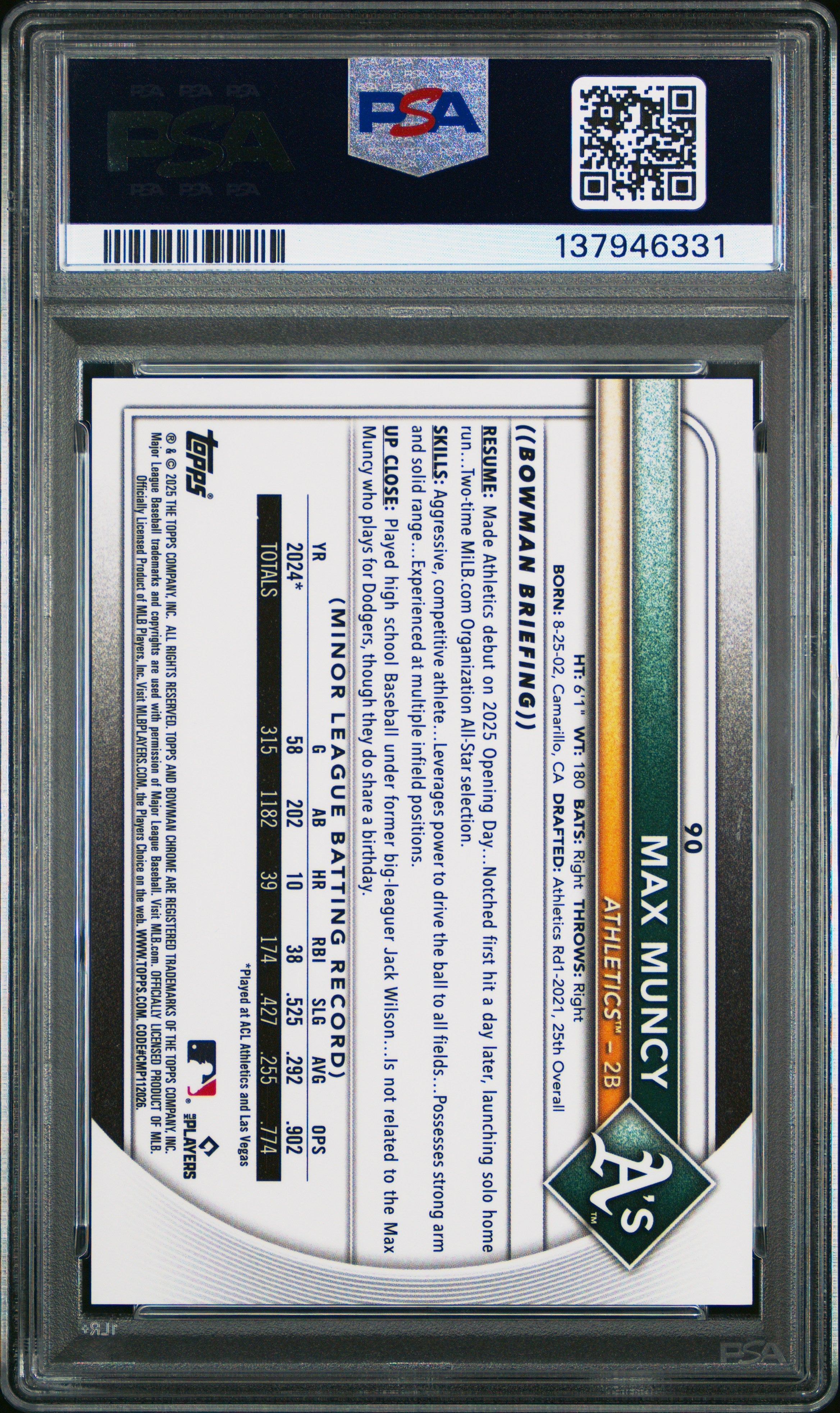 2025 Bowman Chrome Max Muncy Orange Geometric Rookie /25 PSA 9 MINT Athletics - Graded Sports Cards