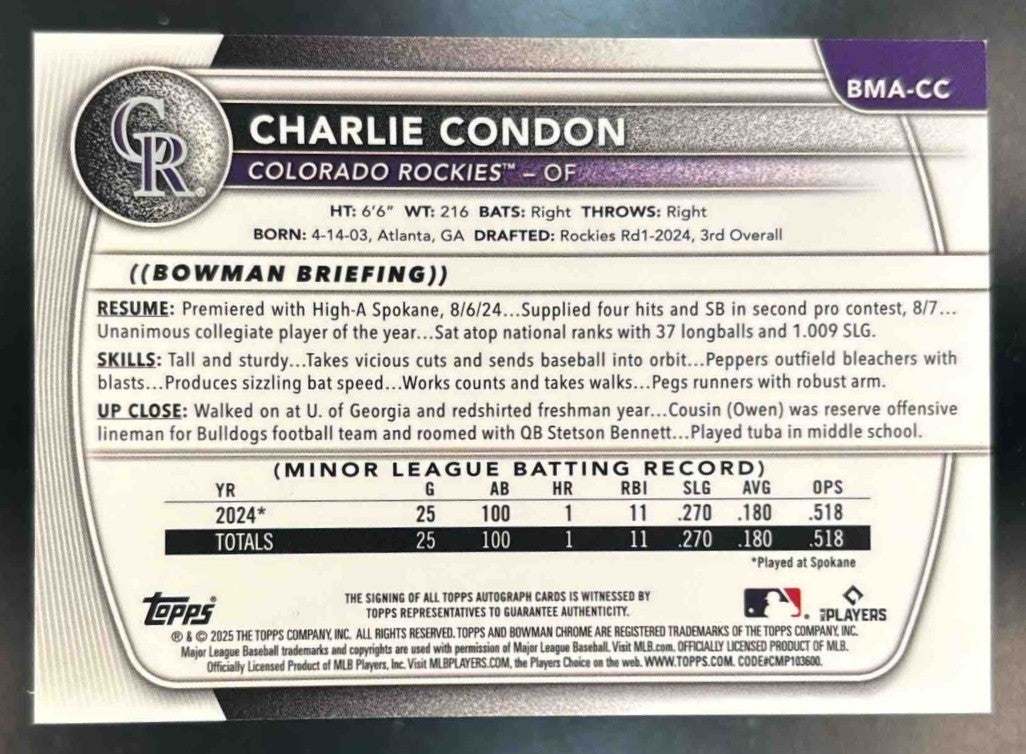 2025 Bowman Chrome Mega Box Charlie Condon Prospect Auto Blue Mojo /150 Rockies - Sports Cards