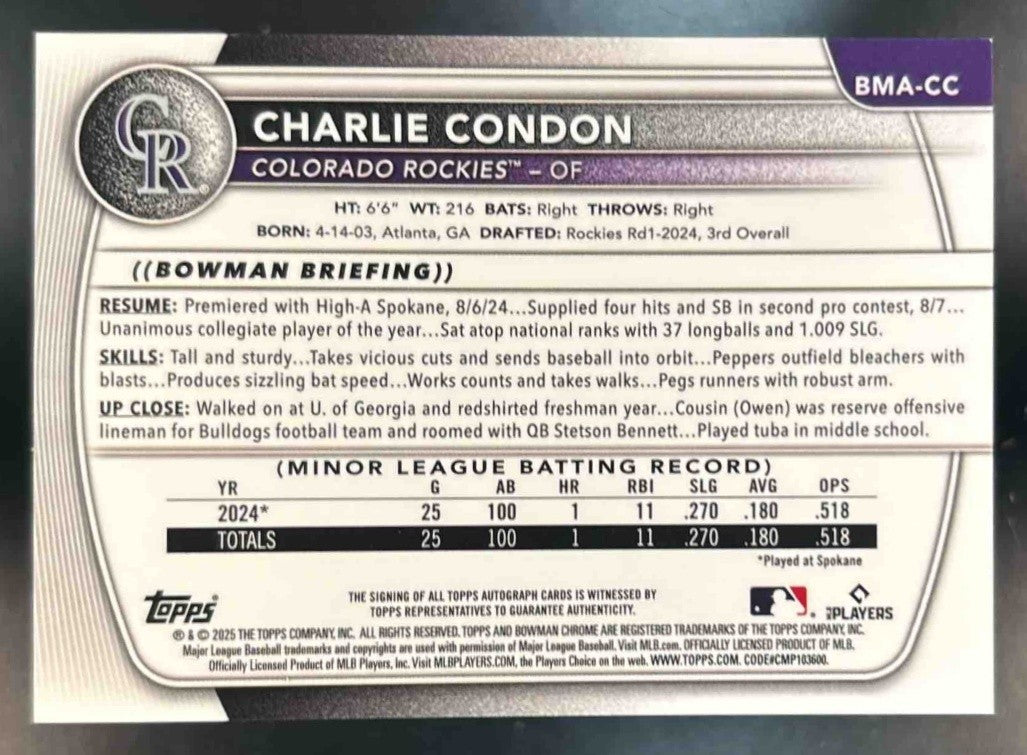 2025 Bowman Chrome Mega Box Charlie Condon Prospect Auto Green Mojo /99 Rockies - Sports Cards