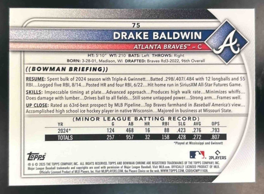2025 Bowman Chrome Mega Box Drake Baldwin Mojo Refractor #75 RC Atlanta Braves - Sports Cards