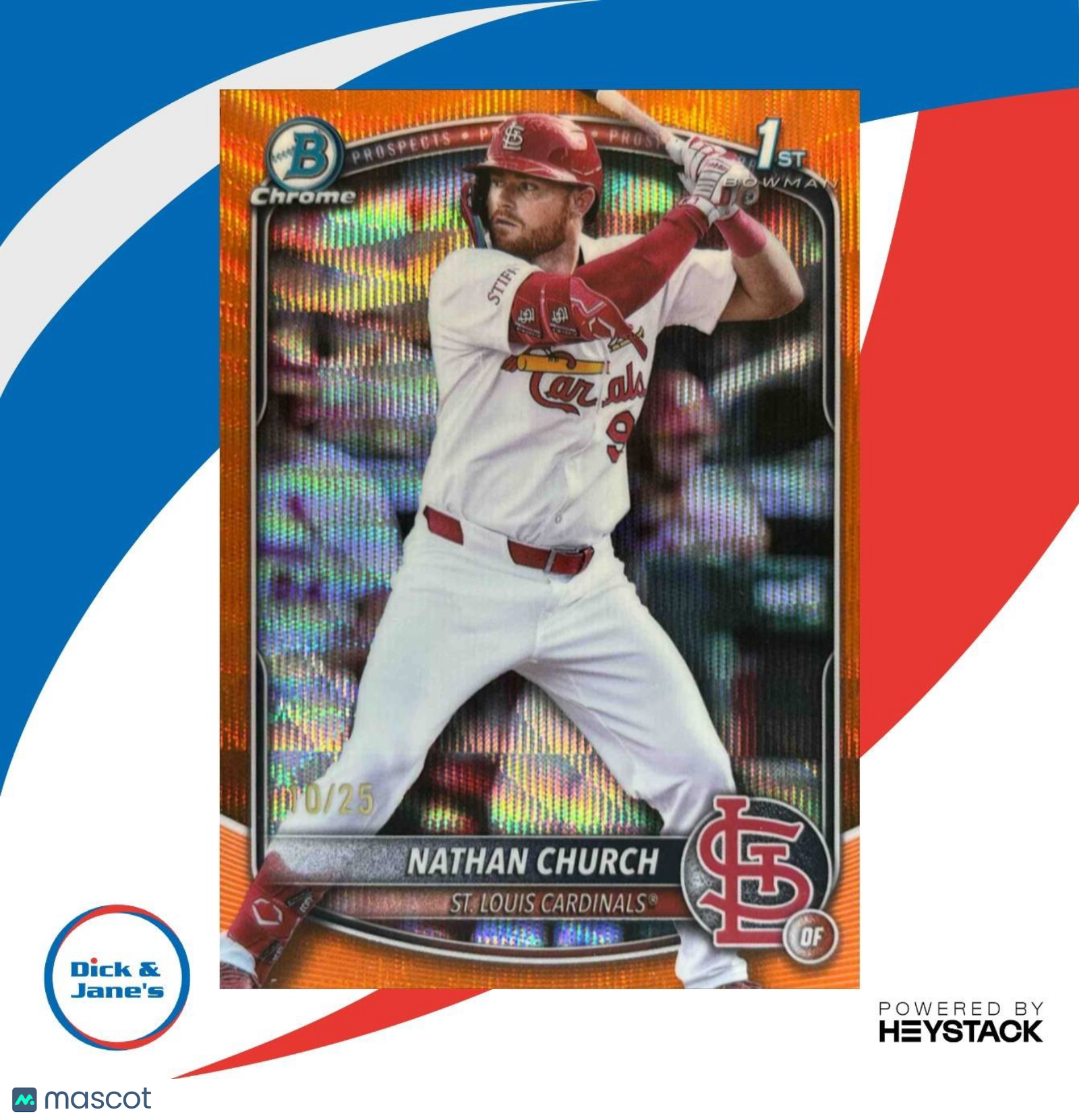 2025 Bowman Chrome Nathan Church Orange Wave /25 BCP-192 1st Prospect Cardinals - Sports Cards