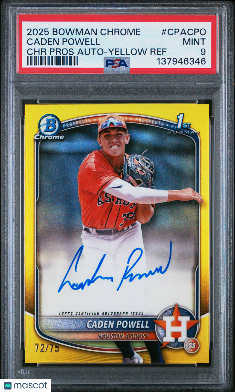 2025 Bowman Chrome Prospect Auto Caden Powell Yellow Ref Rookie /75 PSA 9 MINT - Graded Sports Cards