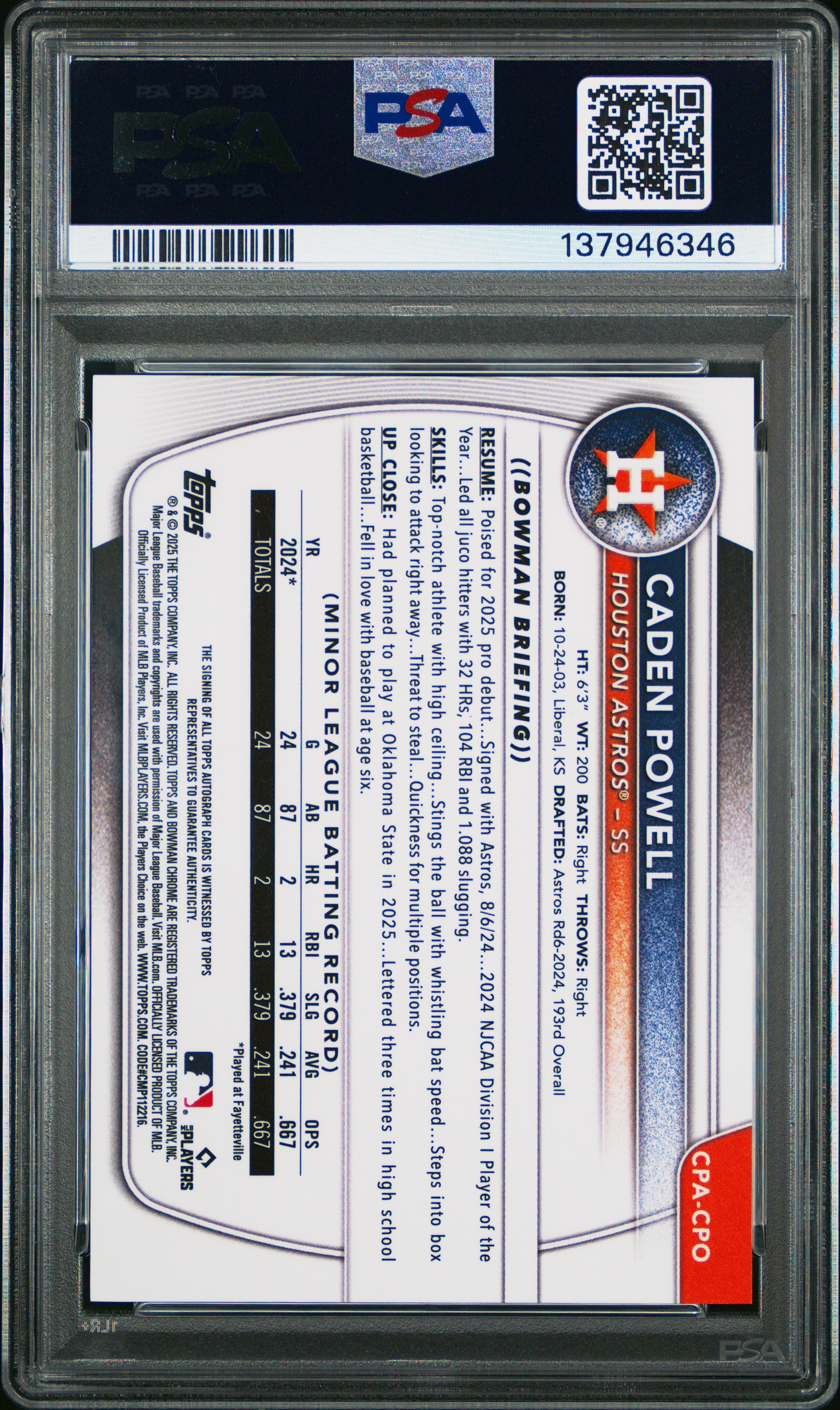 2025 Bowman Chrome Prospect Auto Caden Powell Yellow Ref Rookie /75 PSA 9 MINT - Graded Sports Cards