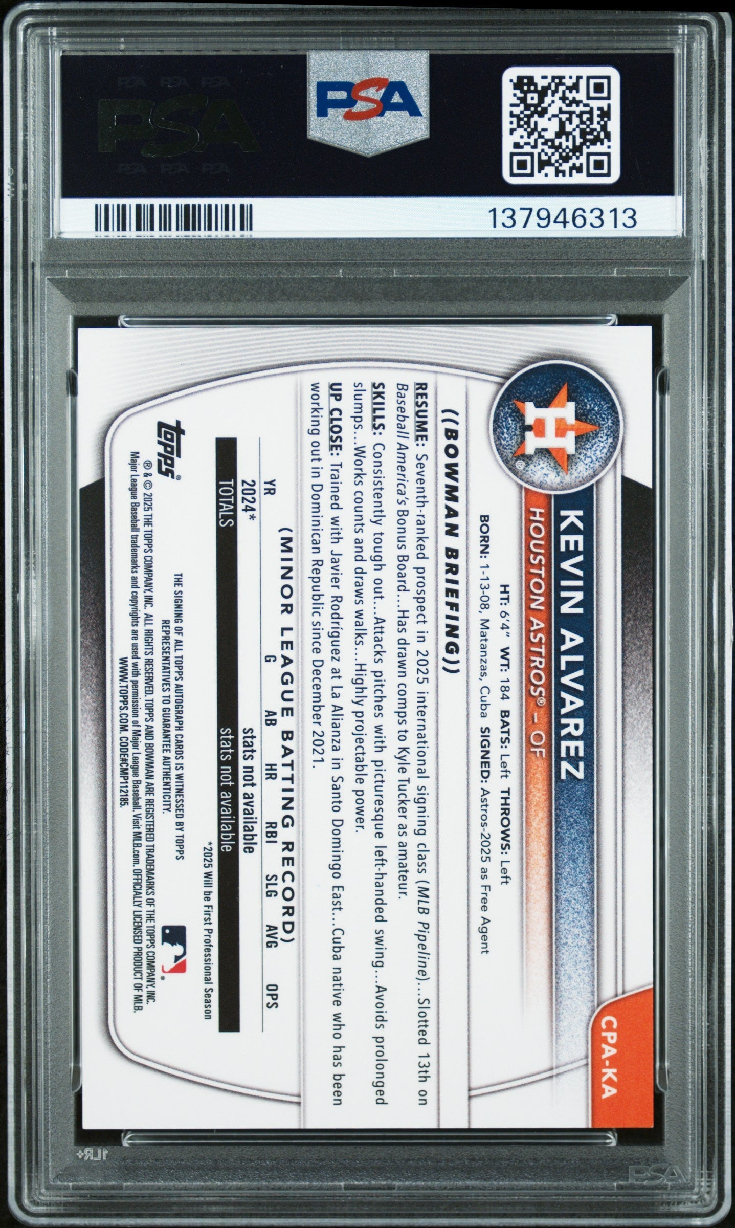 2025 Bowman Chrome Prospect Autographs Kevin Alvarez #CPAKA PSA 9 - Graded Sports Cards