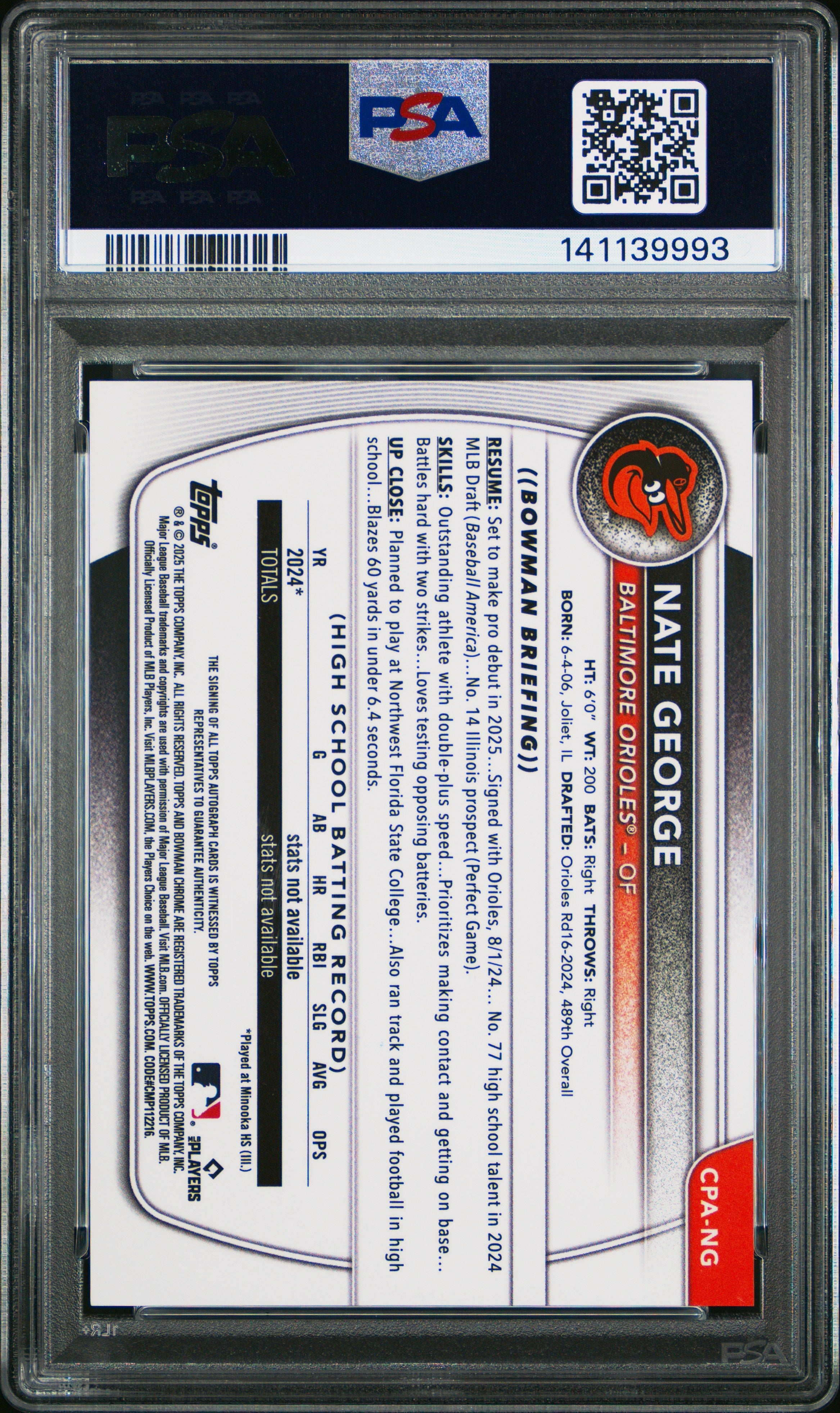 2025 Bowman Chrome Prospect Autographs Nate George Rookie #CPANG PSA 9 MINT - Graded Sports Cards