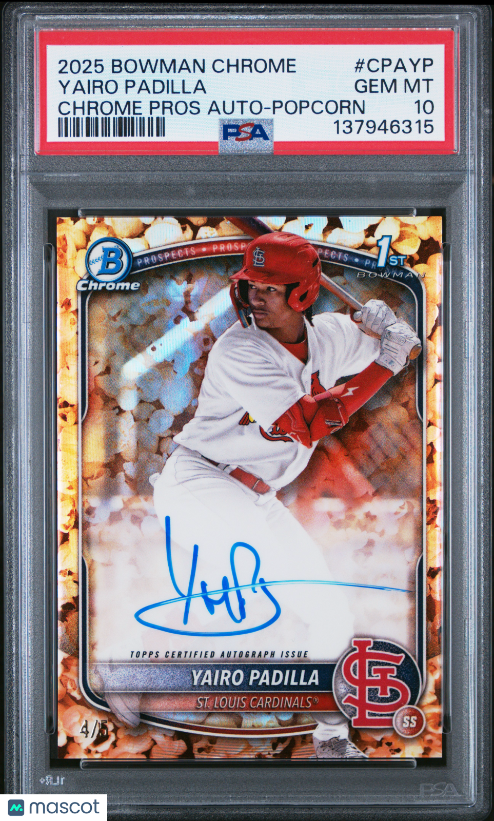 2025 Bowman Chrome Prospect Autographs Yairo Padilla Popcorn /5 PSA 10 GEM MINT - Graded Sports Cards