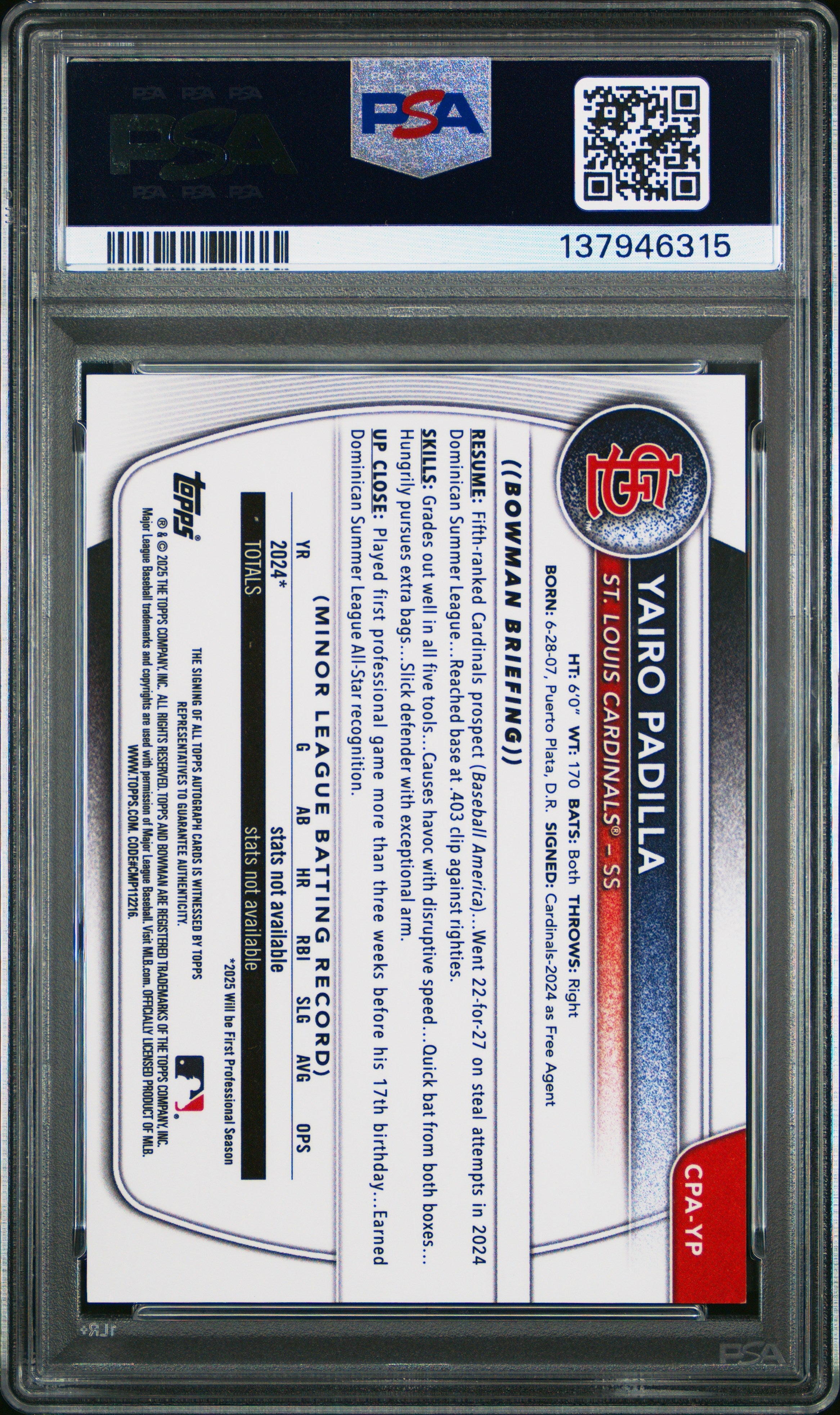 2025 Bowman Chrome Prospect Autographs Yairo Padilla Popcorn /5 PSA 10 GEM MINT - Graded Sports Cards